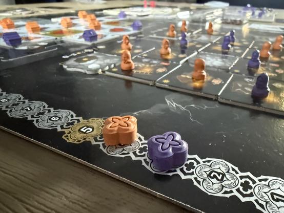 Kutna Hora player board with red player one point ahead of the blue (o whatever actual colours they are? 🤷‍♀️)