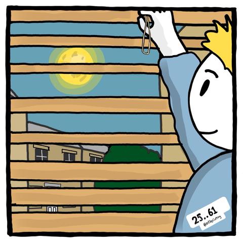 Pictured looking out of wooden slated blinds to a big haloed yellow moon. Opposite houses and greenery under a darkening blue sky