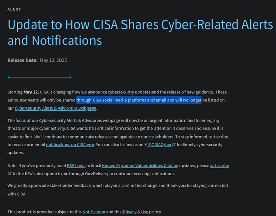Screenshot of CISA news alerts entry, with phrase "only be shared through CISA social media platforms and emai and will no longer be listed"