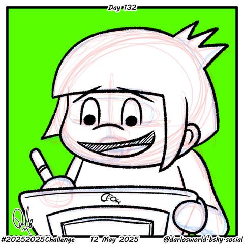 Drawing of Darlo as a PNG tuber drawing on his tablet with a bright green background ready to be chroma keyed out.