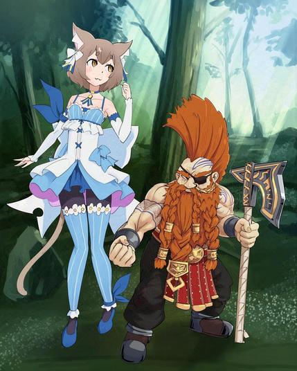 Digital illustration of Gotrek Gurnesson from the Gotrek and Felix book series (Warhammer Fantasy), and Felix Argyle (from Re:Zero). They are in a forest.