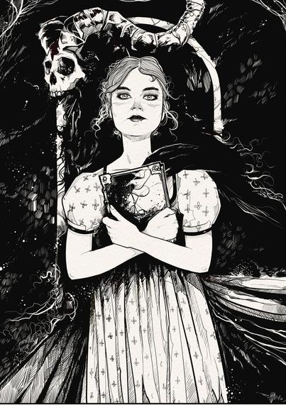 A girl stands holding a book. Behind her is a demon type of creature with a skull face and horns. It has a hand on her shoulder