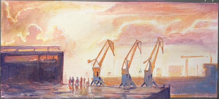 an oil painting depicting the silhouette of workers at sunset near a hangar and a dock with cranes and large cargo ships.