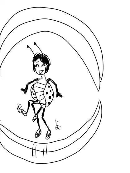Digitally inked pencil sketch of an anthropomorphic ladybug jumping double dutch for the Jumping Insect prompt at #dailysketchingworkout