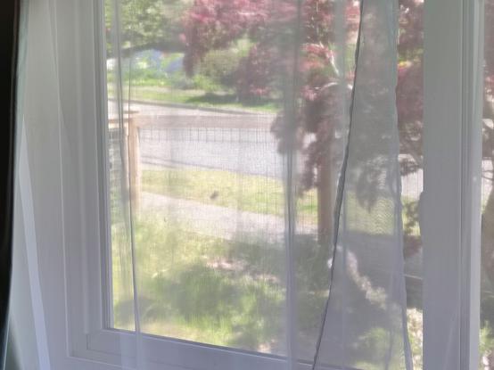 A hogwire fence seen through a mesh curtain and window. The middle looks as if it's completely missing.