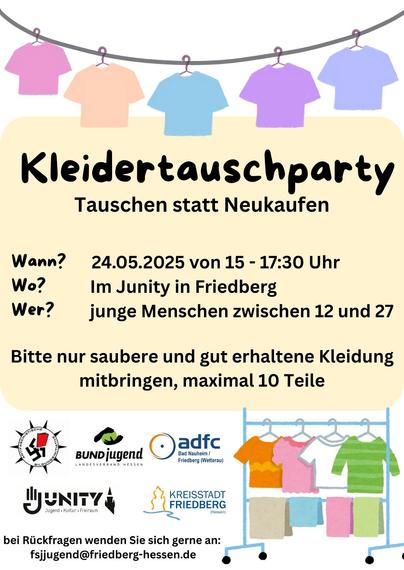 Kleidertauschparty im Junity – Nachhaltig feiern statt verschwenden!

Sa. 24. Mai 2025 - 15 bis 17:30 Uhr im Junity in Friedberg
für alle von 12 bis 27