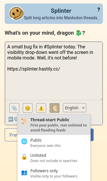 A screenshot of Splinter with visiblity menu open