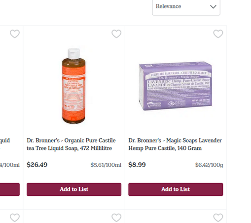 screenshot from an ecommerce site showing the cost of 472 ml of Dr Bronner soaps is 26.49 or 8.99 for a bar of soap