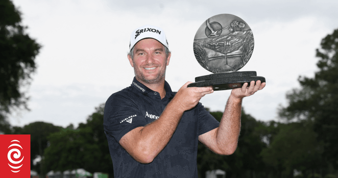 MYRTLE BEACH, SOUTH CAROLINA - MAY 11: Ryan Fox of New Zealand poses with the trophy after winning the final round of the ONEflight Myrtle Beach Classic 2025 at Dunes Golf & Beach Club on May 11, 2025 in Myrtle Beach, South Carolina.   Andy Lyons/Getty Images/AFP (Photo by ANDY LYONS / GETTY IMAGES NORTH AMERICA / Getty Images via AFP)