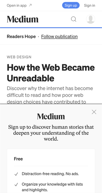 An article titled "How the Web Became Unreadable", posted on Medium. There is a soft paywall asking you to sign in, covering most of the article.