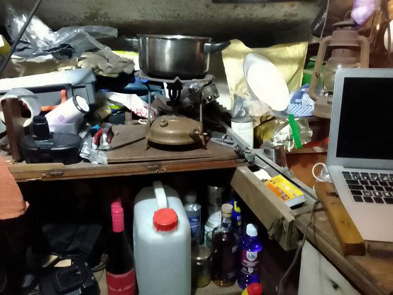 The 'ship's galley' cum workbench all neatly arranged prior to starting on supper.