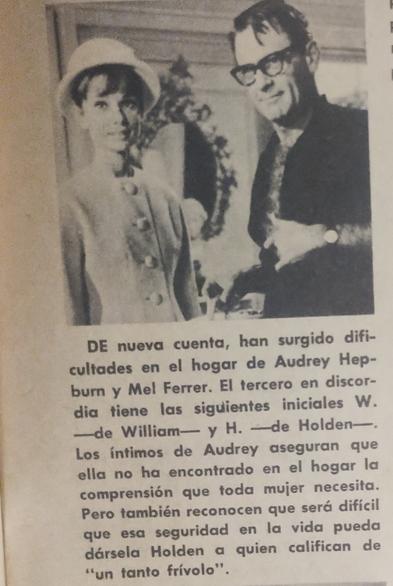 Imagen vintage de Audrey Hepburn y William Holden, publicada en un artículo de la revista Kena sobre sus complicadas relaciones en 1963.