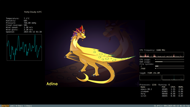Screenshot of empty StumpWm desktop. There is a Adine (yellow dragoness) from the "Angels with Scaly Wings" on the wallpaper. Two conky infopanels — left with weather info and atmospheric pressure graph, and the right with system information: CPU load, network load, memory and SSD/HDD usage and the top 5 CPU consuming processes.

On the bottom there is a standard Lisp modeline from StumpWm. It displays (from left to right): list of groups (default and the web), list of frames (both are Emacs), CPU temperature, battery percentage and date-time.