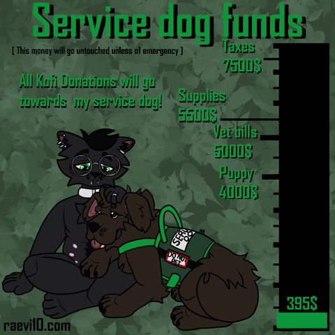 an anthro black cat sitting cross legged with a newfoundland service dog laying in their lap, they look sad and are gently petting the dogs head, the dog is in a service dog vest, off to the side is the fundraiser bar, the green bar has gone up a bit and the total is at 395 out of 7500!