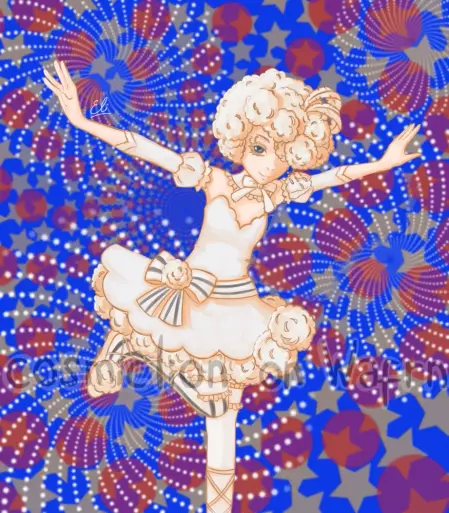 Digital fully rendered illustration of Doll from Black Butler, in the outfit she wears when performing. She is raising both arms and landing from a jump on her left foot. The background is blue with a pattern of red circles, grey stars and white dots.