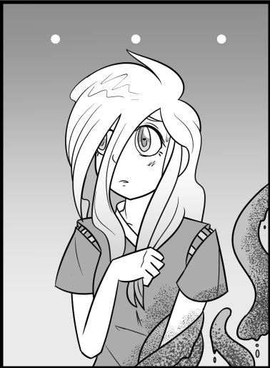 Black and white manga panel featuring a shy girl with long hair and horizontal pupils. She has several tentacles in place of her left arm.