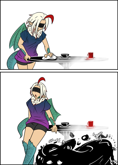 Manga page featuring a blonde girl with red highlights and a blindfold. She is dressed casually in a colorful shirt, and has scaly wings and a tail. in panel 1 she is cleaning a table with a cloth, and in panel 2 she is leaning on the table. Underneath the table is a formless shadow creature, which also appears to be shy.