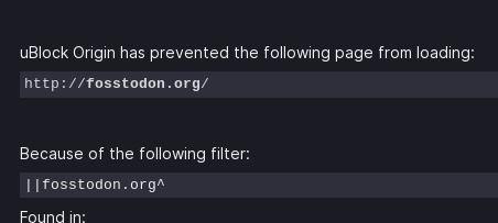 A screenshot of ublock origin blocking fosstodon.org