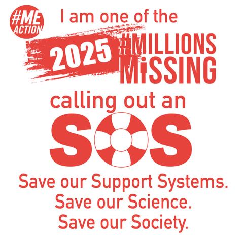 A graphic that reads: I am one of the 2025 millions missing calling out an SOS. 
Save our support systems. Save our science. Save our Society.
