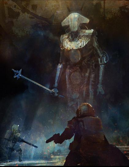 Deux personnes en combinaison spatiale, armés, font face à un genre de robot-statue de plusieurs mètres de hauteur, elle même équipée d’un genre de gigantesque sceptre. La statue porte un genre d’armure marbrée