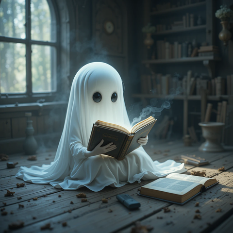 Un fantasma con ojos grandes y redondos está sentado en el suelo, leyendo un libro en una habitación con estanterías llenas de libros y luz suave que entra por la ventana.