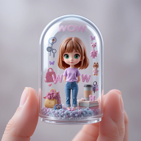Figurita de un personaje con cabello castaño claro, vestida con camiseta morada y jeans, dentro de un envase de plástico transparente. Hay accesorios coloridos y elementos decorativos como bolsas, llaves y muñecos alrededor.