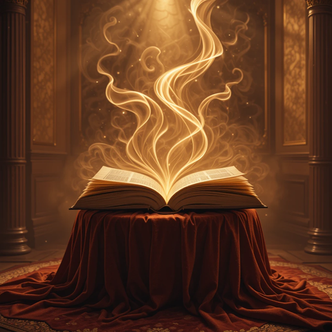Un libro abierto emitiendo destellos de luz y humo en un ambiente mágico, colocado sobre una mesa cubierta con una tela roja.