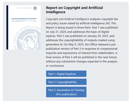 Cover of the Report on Copyright and Artificial Intelligence, detailing parts on digital replicas and generative AI training, with an official seal.
