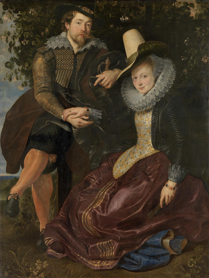 A Baroque painting. A double portrait of the artist and his wife, sitting in a bower of honeysuckle and dressed in upper-class clothing of the period. She is seated on the ground, and he on the a chair or stool. They look out to the viewer, and clasp right hands.