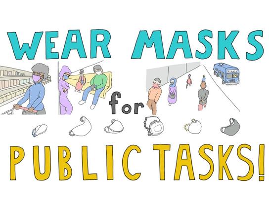 Digital drawing of text “Wear Masks for Public Task!” Three scenes of a person grocery shopping, people riding the subway, people walking down the street while a bus drives by. Everyone is wearing a mask.