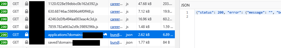 a request in the browser for JSON data on application info