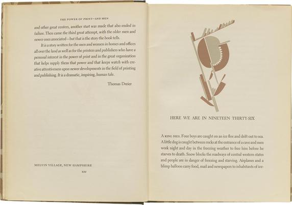 The Power of Print––And Men
Book, 180 pages. Hardcover with abstract gray and brown paper cover. Interior includes illustrations by Dwiggins. Electra in use.