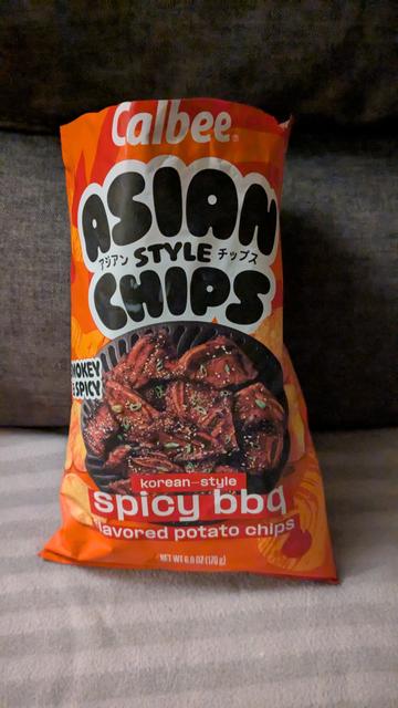 Bag of chips from Calbee named "Asian Style chips"
"Korean style spicy bbq"