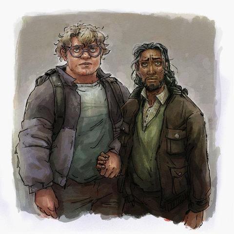 It's Jon and Martin standing next to each other looking slightly upwards. Their holding hands. Jon's black hair and beard is more greyed than ever, his brown skin marked by small round scars on his neck cheeks, forehead (one prominent one at the left side of his upper lip) and a thin long one across his throat. He looks tired and melancholic but composed. His pupils are little points of green lights. He wears his dark brown, rumply jacket and the green pullover and checkered shirt from his first season portrait, both look much more tattered and distinctly less pristine. Martin also wears the green blue sweater from his season one portrait under a grey windstopper jacket that is designed with the upper part around the shoulder and collar in a darker colour. He has a backpack on his bag. His blond hair is tousled and there are the beginnings of a blond beard around his chin and jawline. His expression is determined and resolute.]