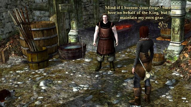 My character speaking to the local blacksmith. "Mind if I borrow your Forge? Sure, I'm here on behalf of the King, but I maintain my own gear."