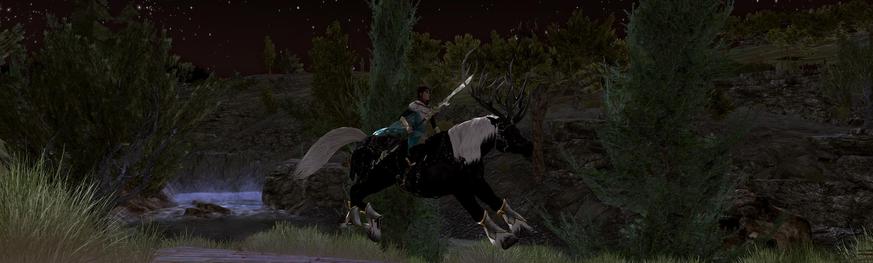 My black and white war-steed galloping through the craggy landscape, while my character has her spear drawn ready.

Yes those are antlers on my war-steed. Well, they're not meant to look natural, as they are clearly attached to a head-band.

But I'm not pretending he's a deer anyway. He uses those as a weapon to defend himself.