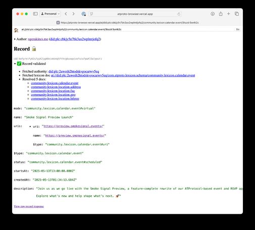 A screenshot of atproto-browser viewing at://did:plc:cbkjy5n7bk3ax2wplmtjofq2/community.lexicon.calendar.event/3lozdr3onlk2c