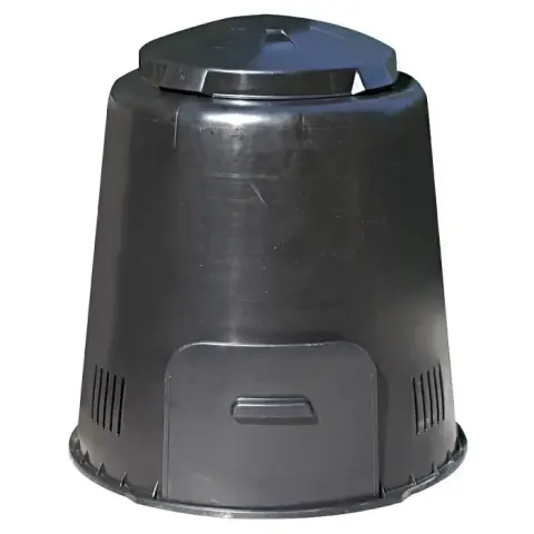 A large black composting unit with a removable top, and a lidded slot for soil retrieval at the bottom.