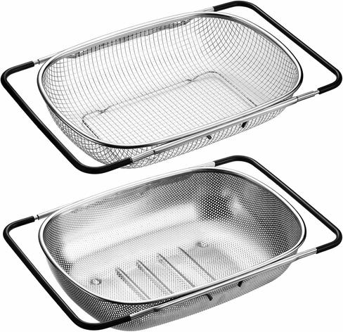 Two colander / portable screen units. One with a large mesh screen, the other with small holes.