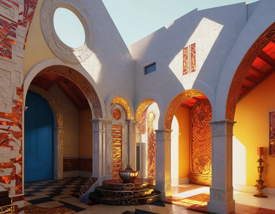 Shadowed inner courtyard with arched pillars and tiled floor, indirectly lit by bright sunlight, subtly reflecting from fiery mosaics in the process of being restored.