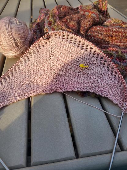 Beginning of a Reina shawl on a circular needle, this will fade from the soft pink visible to gray, then soft brown, then a deep hunter green