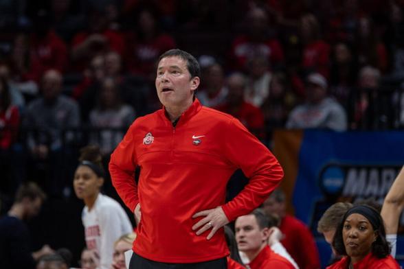 Head coach Kevin McGuff looks on from the sideline during the 2024 NCAA tournament. McGuff was charged with OVI May 6. Credit: Caleb Blake | Lantern File Photo