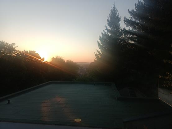 Vordergrund mit Flachdach. Links + rechts Bäume und Sträucher. Im Hintergrund Häuser bzw. deren Dächer und am Horizont sind der beginnende Sonnenaufgang und der wolkenlosen Himmel zu sehen.