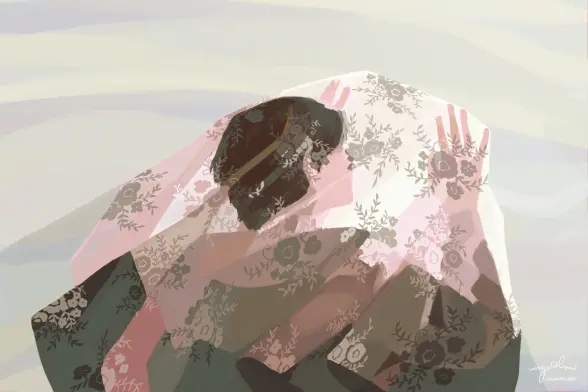 An illustration of a man holding a floral lace veil over his head, referenced from a Oneus promotional video.