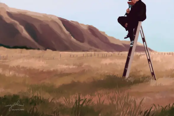 An illustration of a man in a field sitting atop a stepladder with a rose, referenced from the Oneus - A Song Written Easily music video.