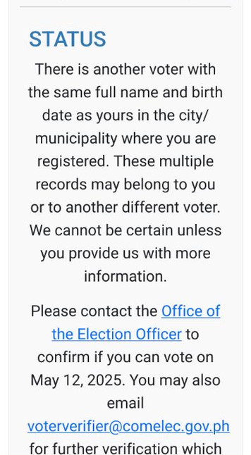 The COMELEC precinct finder telling me I have duplicate records