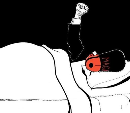 A black and white illustration of #Adolf lying in bed. He is depicted as an unattached right arm raised with fist clenched, an orange head with a black oval indicating an open mouth and a white rectangular bandage on top of a right ear, and wearing his gift from #VladimirPutin -- a black fur Russian hat with "MAGA" in red letters on the front.