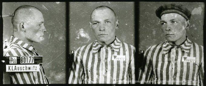 A mugshot registration photograph from Auschwitz. A man with a shaved head wearing a striped uniform photographed in three positions (profile and front with bare head and a photo with a slightly turned head with a hat on). The prisoner number is visible on a marking board on the left.