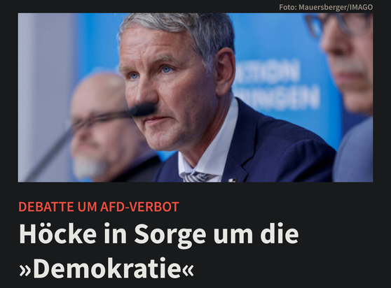 Foto von Björn Höcke (AfD) dem ein unscharfes Mikrofon vor dem Gesicht schwebt. Auf den ersten Blick sieht es so aus als hätte er ein Hitlerbärtchen.
