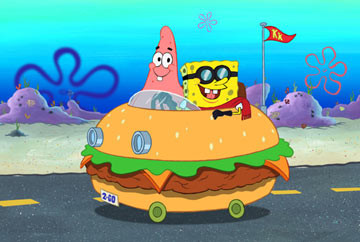 SpongeBob and Patrick in the burger mobile. SpongeBob is known to be a furiously bad driving student despite his thousands of attempts which drives (haha get it!) his driving instructor Mrs Puff mad. Anyhow, for the sake of the show, SpongeBob is able to perfectly drive some mobiles like this one.